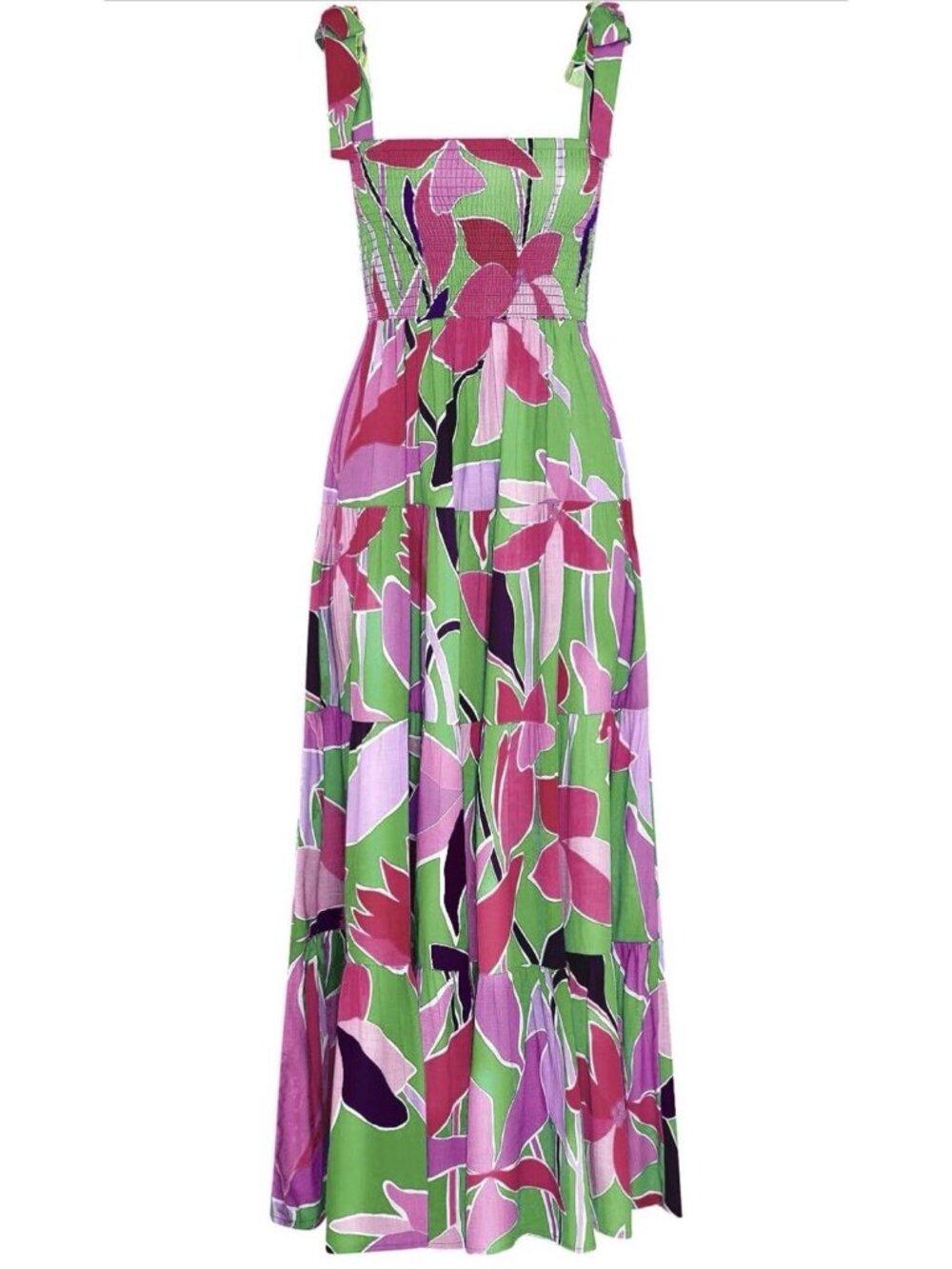 Women’s Purple Green Floral Summer Maxi Dress Spaghetti Strap Square Neck Size S